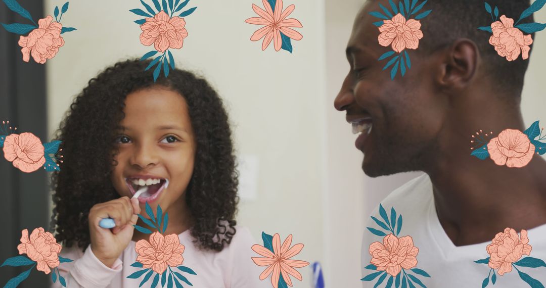 Father and Daughter Smiling while Brushing Teeth with Floral Overlay - Free Images, Stock Photos and Pictures on Pikwizard.com