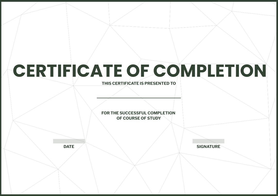 Blank Certificate of Completion with Green Text and Geometric Background - Download Free Stock Templates Pikwizard.com