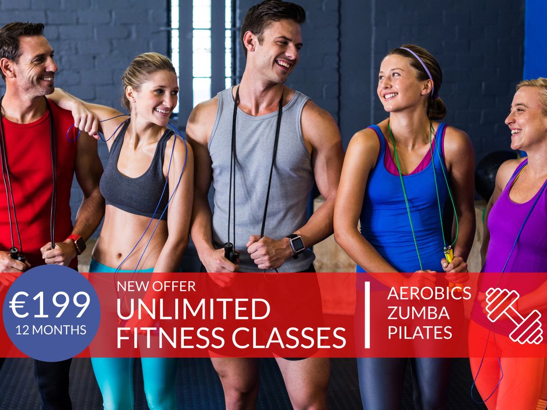 Vibrant Fitness Enthusiasts Promoting Unlimited Gym Classes Offer