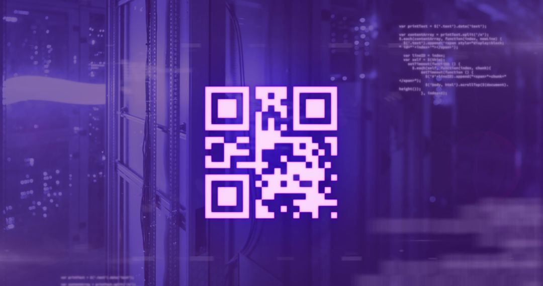 Glowing Purple QR Code with Neon Data Technology Background