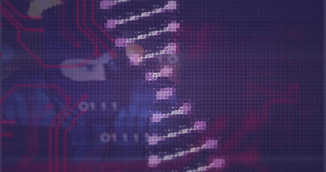 Futuristic DNA Helix with Digital Grid and Circuitry