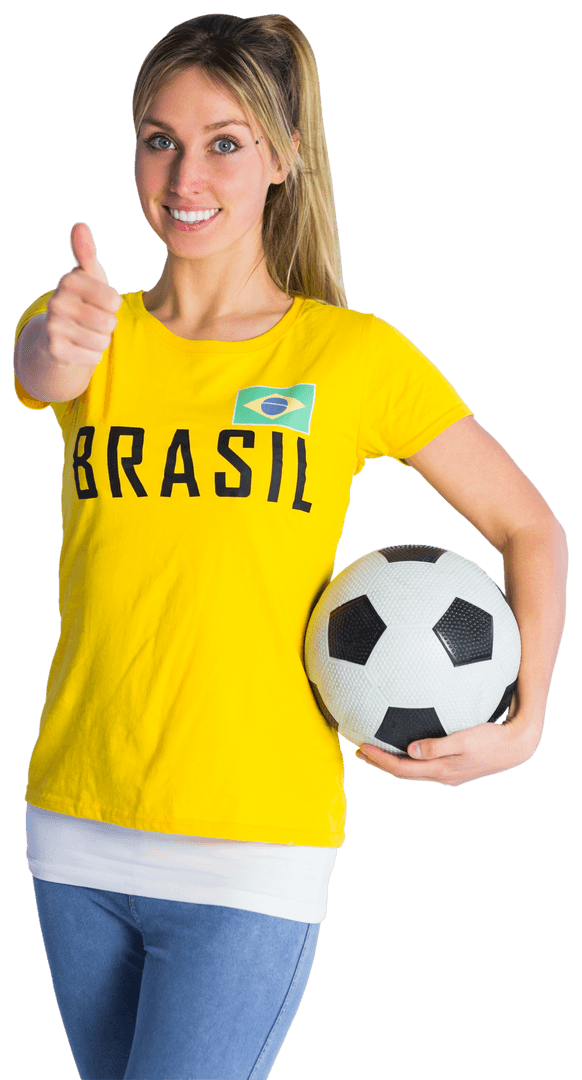 Smiling Brazilian Football Fan Showing Thumbs Up on Transparent Background