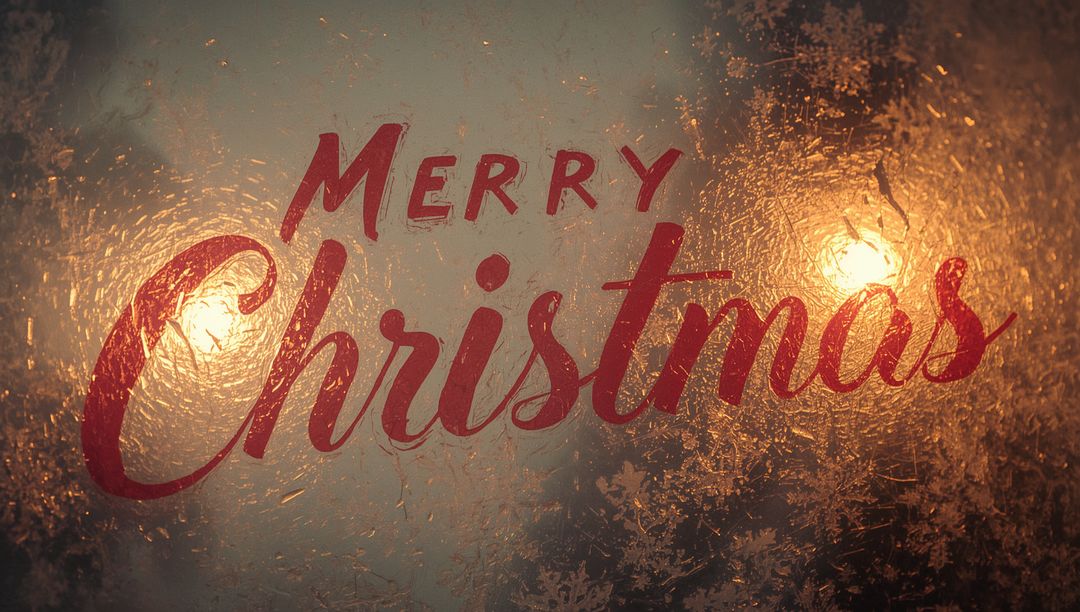 Red Cursive Merry Christmas Text Glowing on Frosted Glass with Warm Backlit Halos