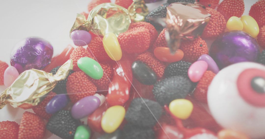 Shimmering Nonpareil Raspberry and Assorted Candy Closeup Featuring Eyeball Novelty