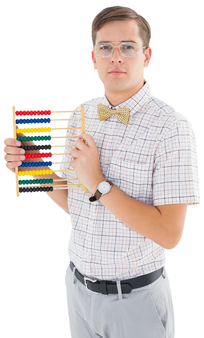 Geeky Hipster Holding Transparent Abacus in Bow Tie Outfits