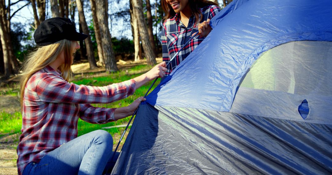 Friends Setting Up Tent for Forest Adventure - Free Images, Stock Photos and Pictures on Pikwizard.com