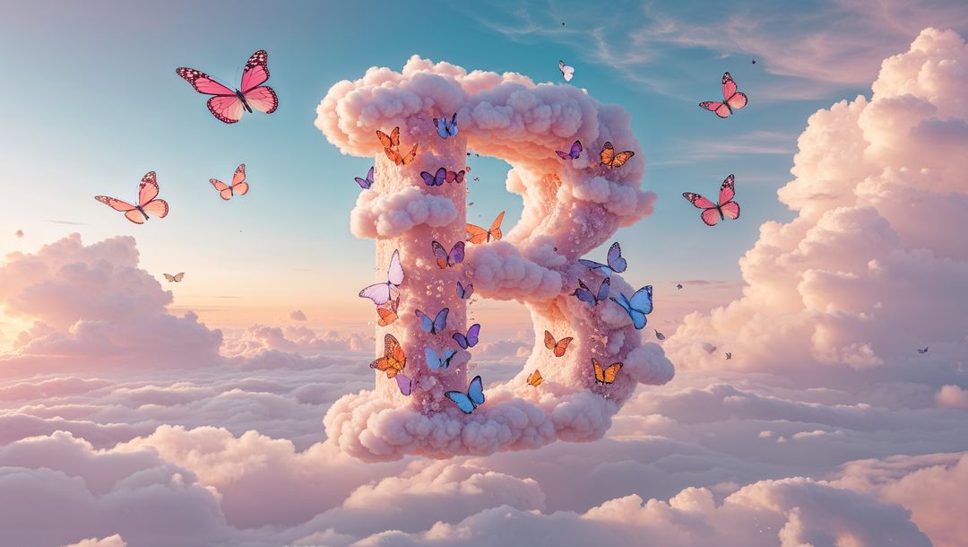 Cloud-Shaped Letter B with Butterflies in Magical Sky