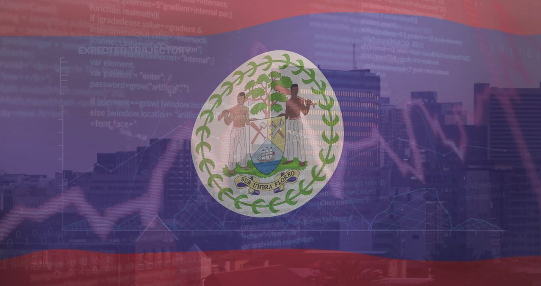 Flag of Belize and Digital Data Overlay on Cityscape