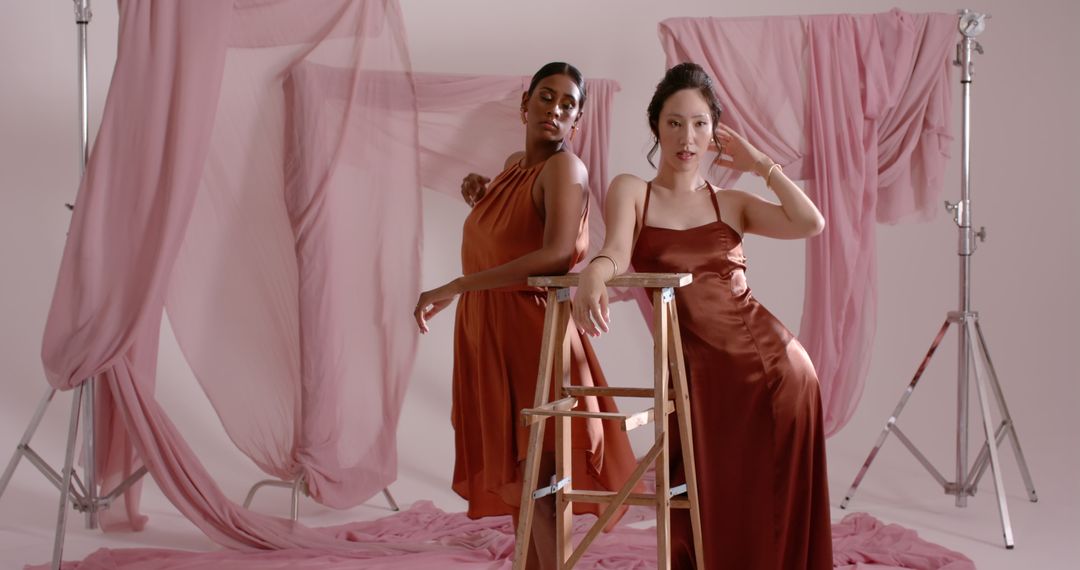 Elegant Portrait of Female Colleagues in studio on Ladder with Pink Drapes