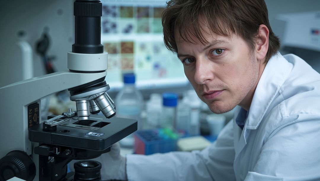 Scientist Wearing Lab Coat Using Microscope Inside Laboratory Setting