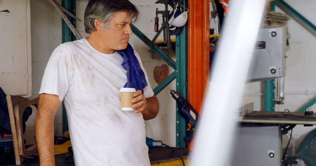 Middle-aged Worker Taking Coffee Break in Garage Workshop - Free Images, Stock Photos and Pictures on Pikwizard.com