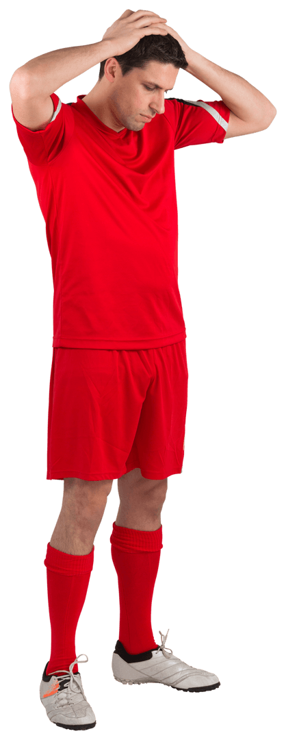 Disappointed Soccer Player in Red Uniform Standing Alone Transparent Background