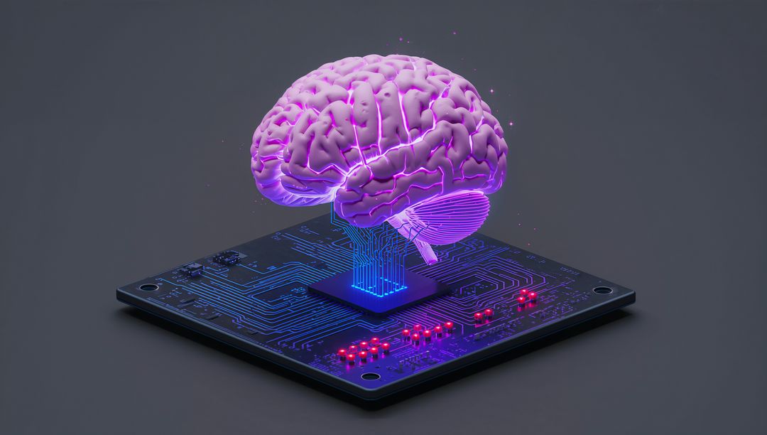 Futuristic AI Brain Hologram on Circuit Board