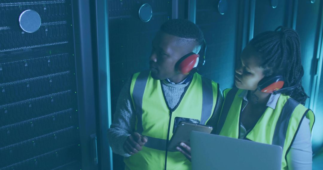 Engineers Inspecting Server Racks in Modern Data Center