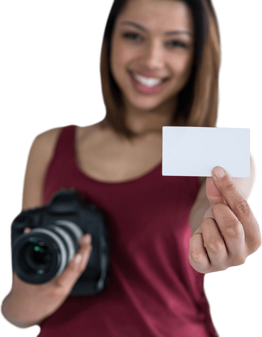 Transparent Background Woman Holding Blank Card and Camera