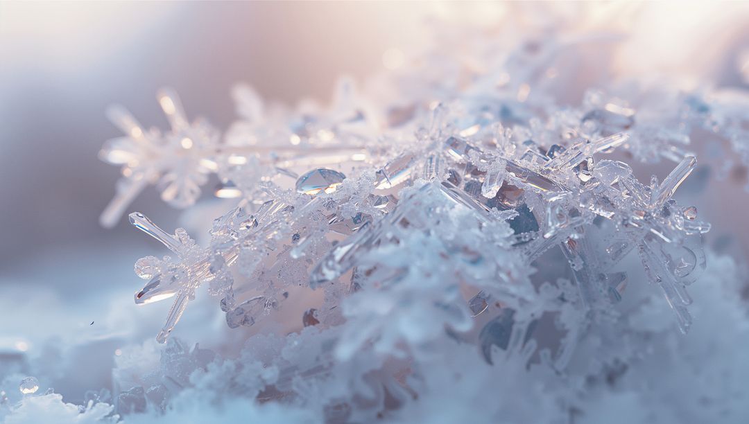 Close-up of Delicate Snowflakes and Ice Crystals on Snow