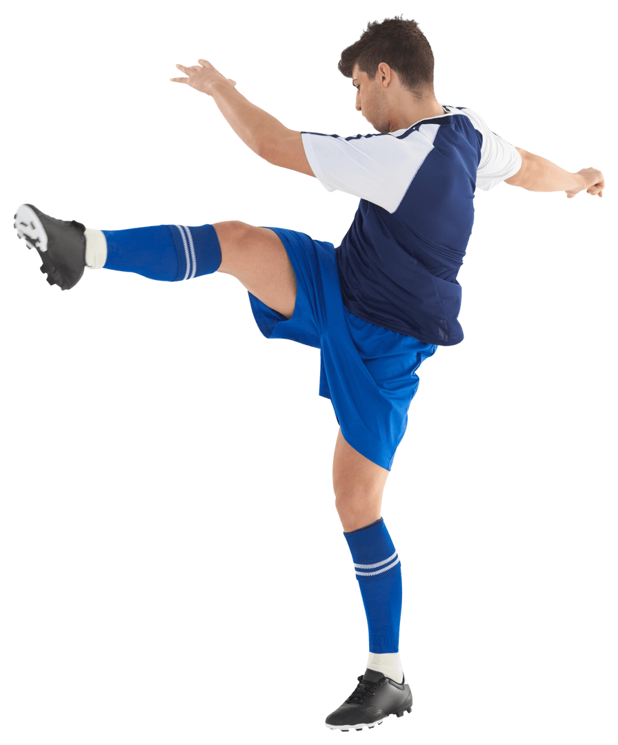 Caucasian Soccer Player Kicking Ball on Transparent