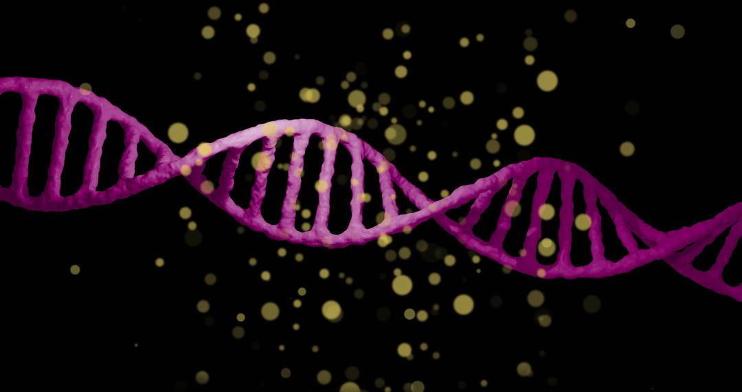 Purple DNA Strand Amidst Glowing Particles on Black Background