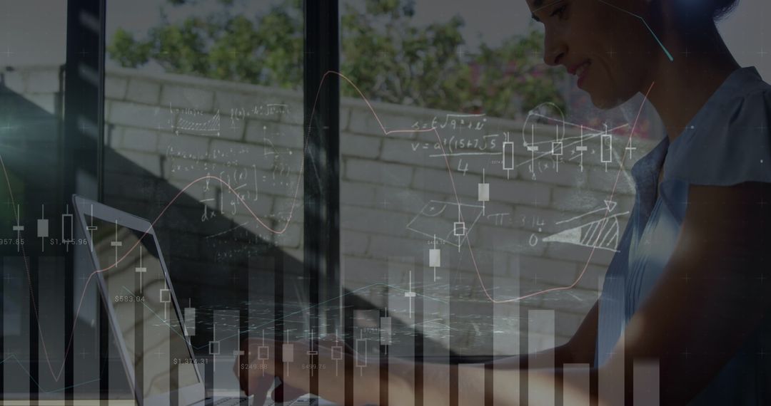 Woman Analyzing Data with Mathematical Formulas Overlay