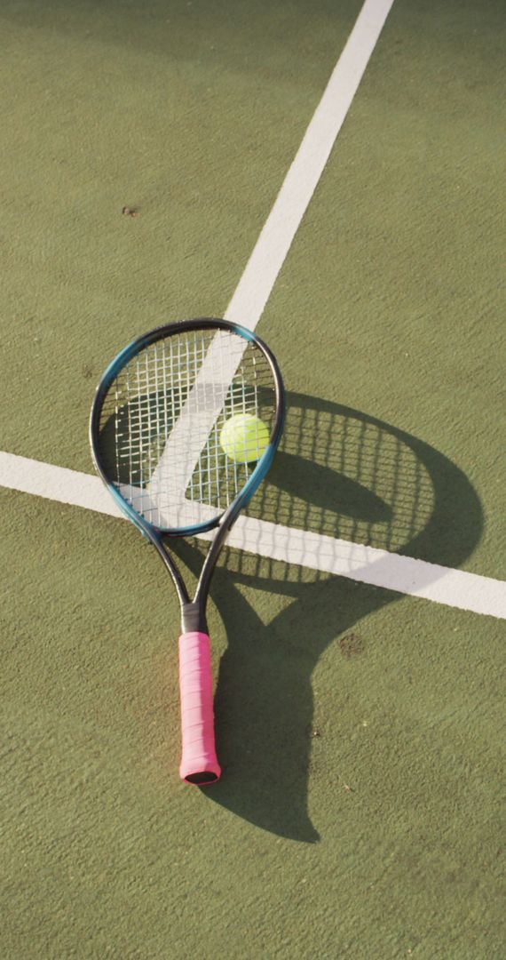 Tennis Racket and Ball on Court Surface in Sunshine - Free Images, Stock Photos and Pictures on Pikwizard.com