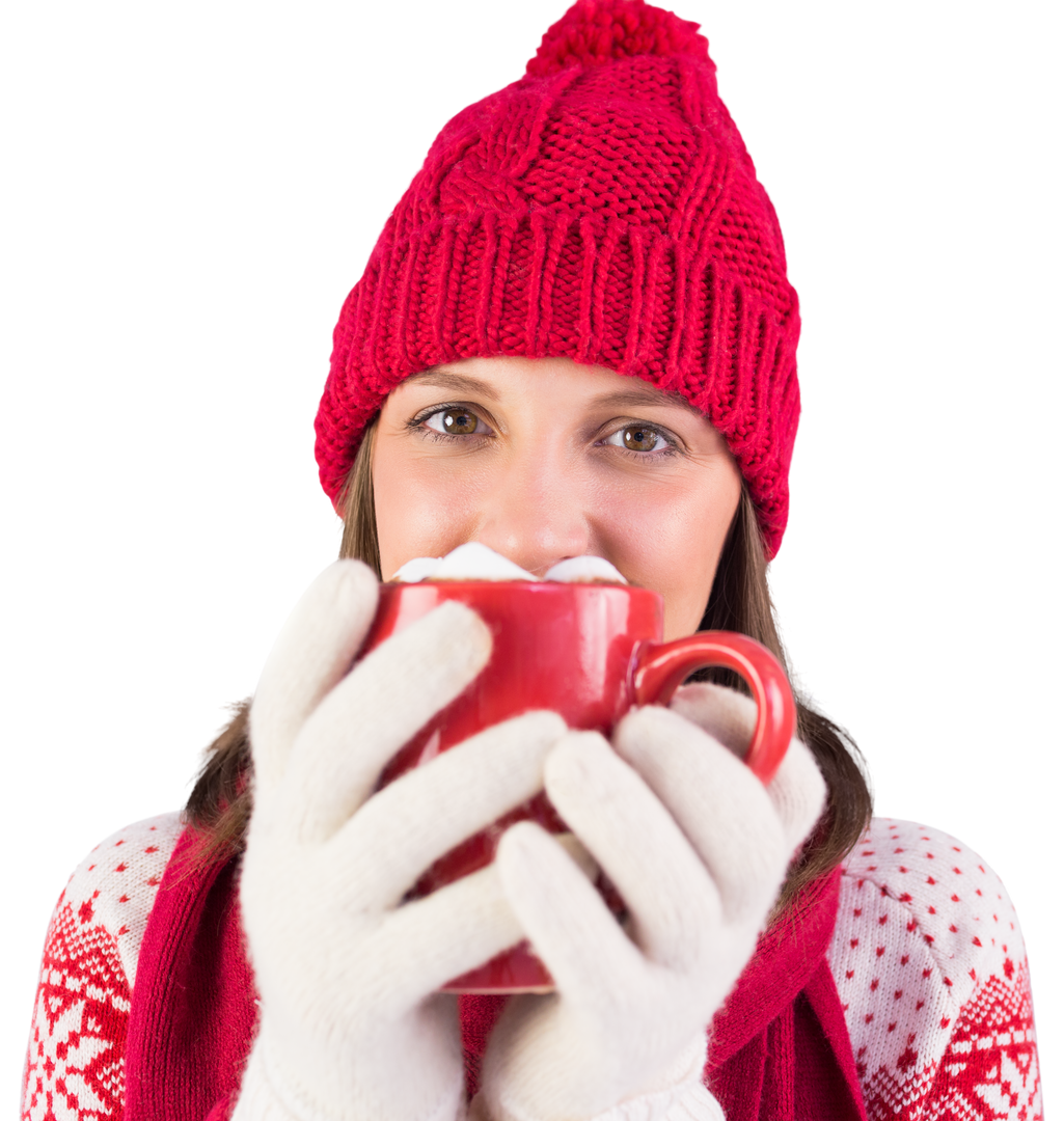 Happy Woman in Transparent Background Holding Mug, Wearing Winter Clothes - Download Free Stock Images Pikwizard.com