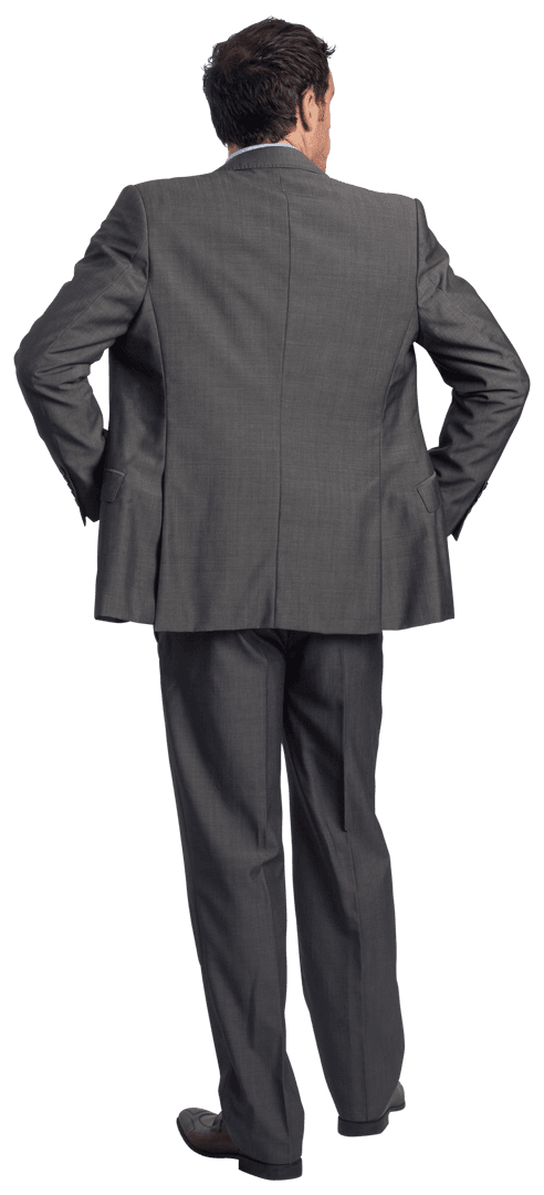 Rear View Businessman with Hands on Hips Wearing Grey Suit on Transparent Background
