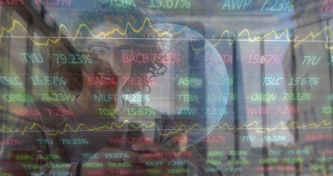 Analyst Using AR Visor with Holographic Stock Displays and Global Projections