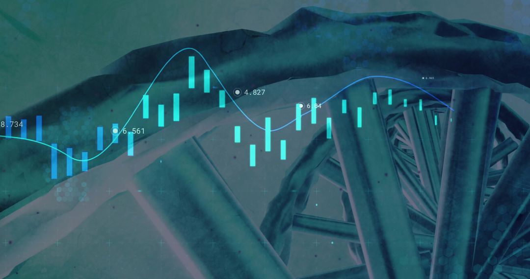Futuristic Double Helix with Virtual Financial Data Visualization