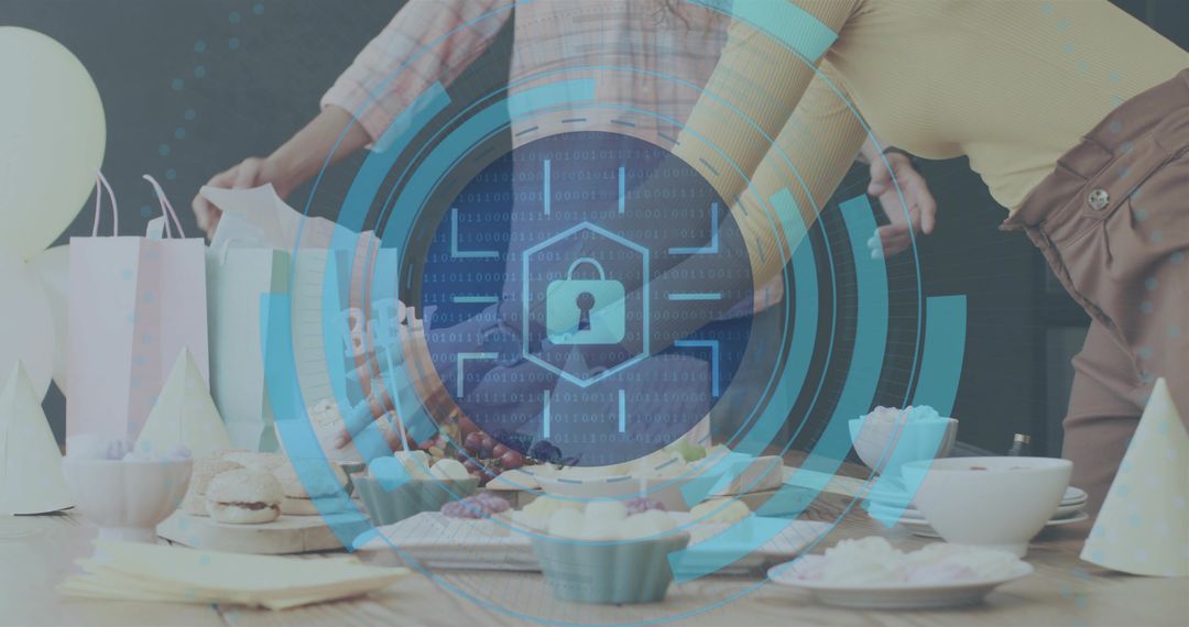 Party table with pastel gift bags and digital padlock overlay representing secure social gifting