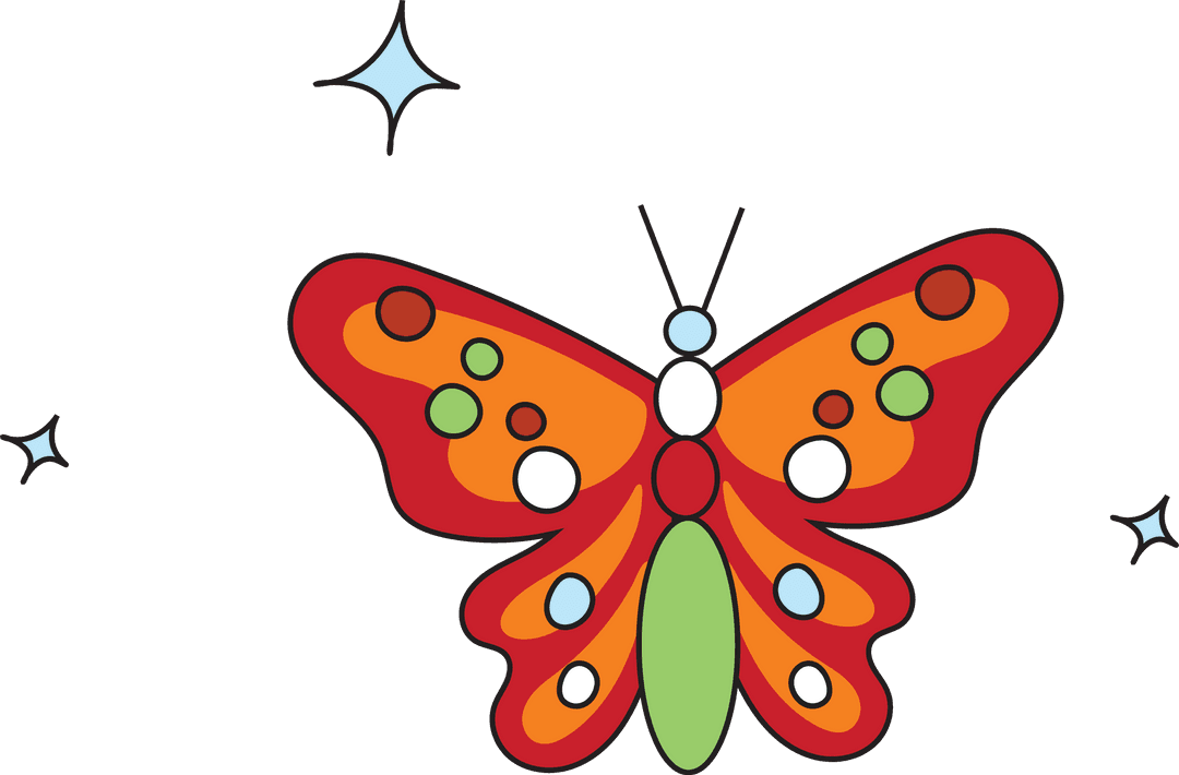 Colorful Stylized Butterfly with Star Sparkles on Transparent Background