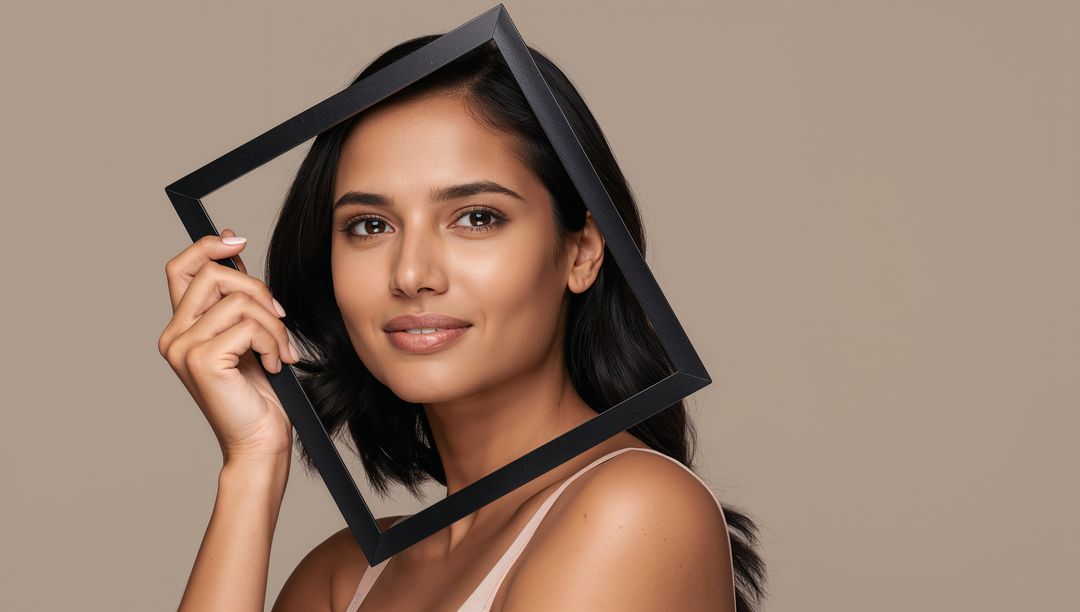Elegant Asian Model Framing Face with Black Square