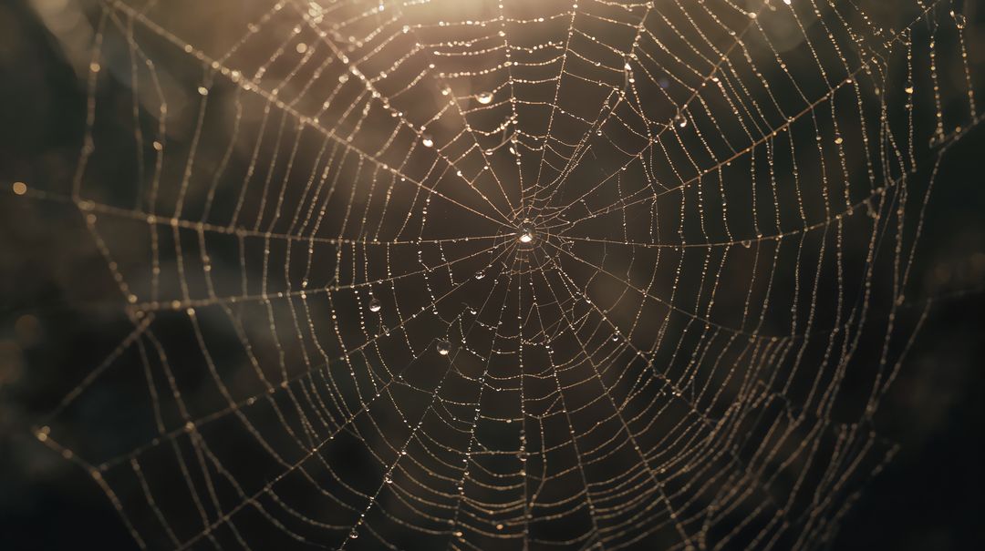Glistening orb web with dew droplets in warm backlight, sunlit radial silk macro