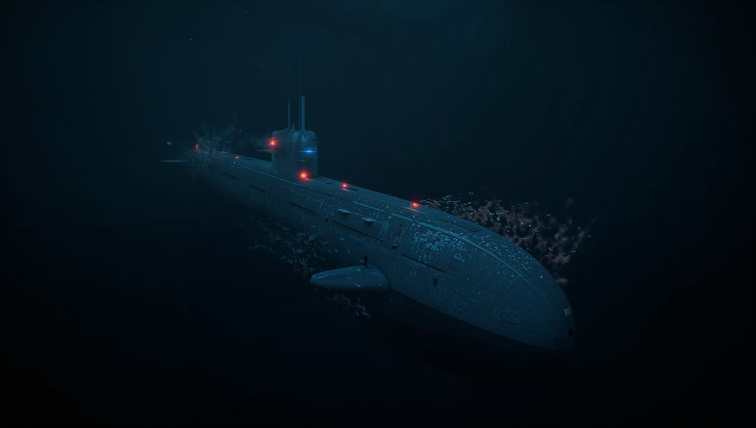 Military Submarine Gliding Through Deep Ocean with Red Navigation Lights Trailing Fish