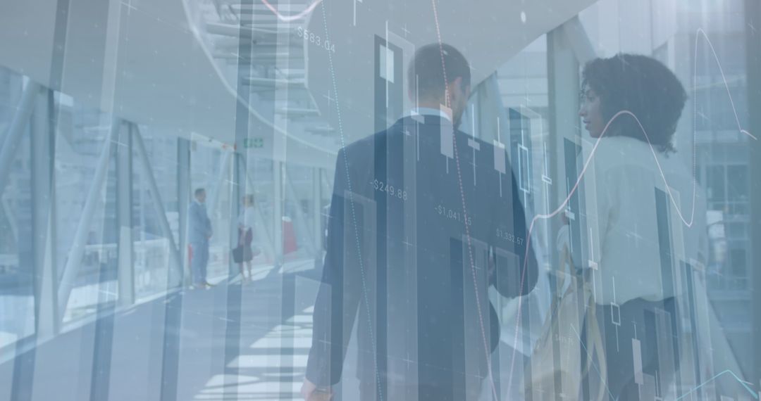 Overlay of Financial Data and Diverse Professionals in Corporate Hallway
