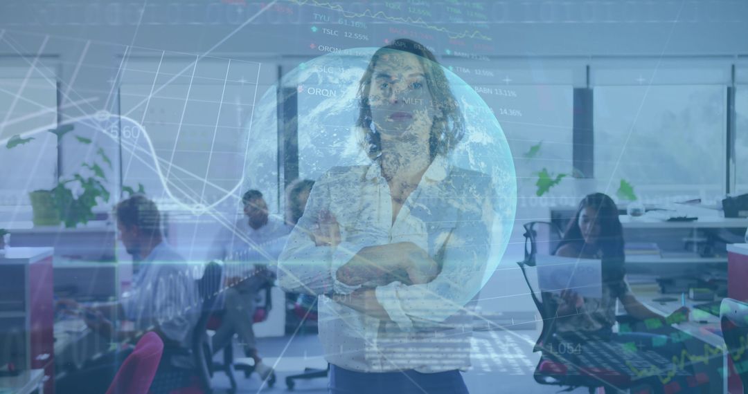 Businesswoman Analyzing Global Data Interface Overlay in Modern Office
