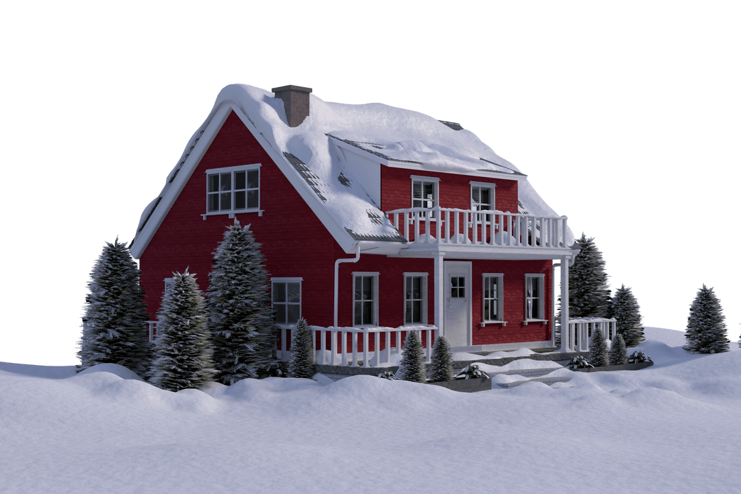 Cozy Red House in Snowy Landscape on Transparent Background