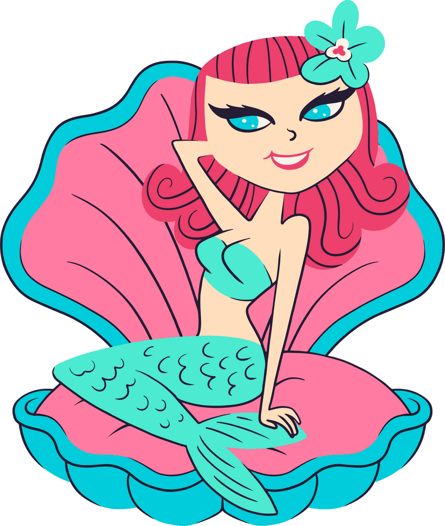 Flat Design Mermaid in Pink Teal Clam Shell with Transparent Background