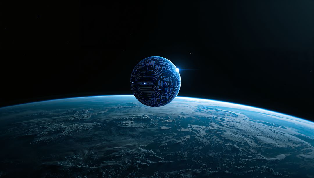 Orbital AI Sphere with Circuit Pattern Hovering Above Earth Limb, Futuristic Blue Glow