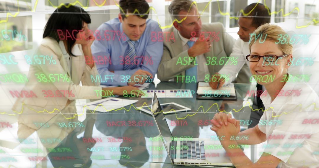 Business Team Analyzing Financial Data With Stock Ticker Overlay - Free Images, Stock Photos and Pictures on Pikwizard.com