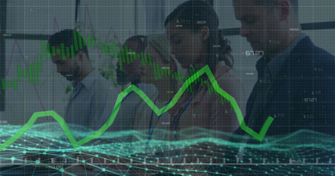 Business Team Analyzing Market Graphs in Digital Interface