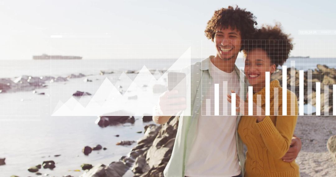 African American Couple Taking Selfie on Beach with Data Graphics Overlay