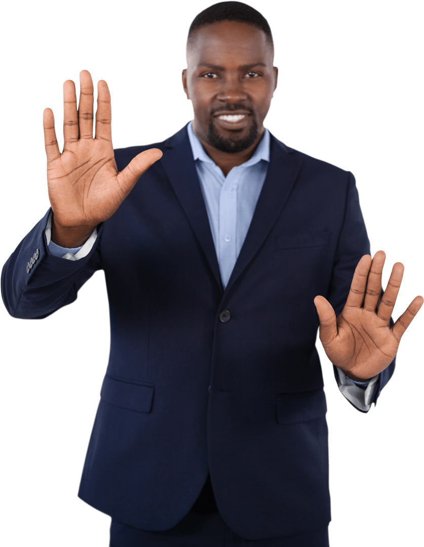 Businessman Smiling and Touching Transparent Screen Gesture