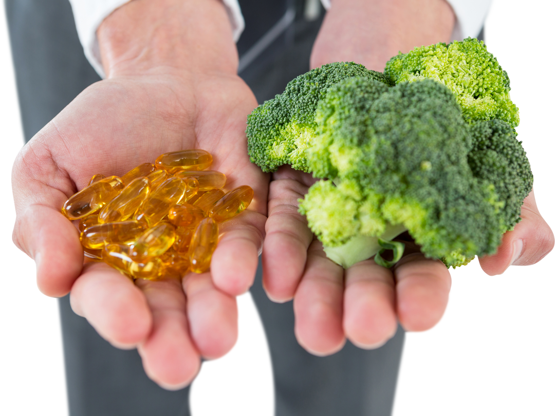 Transparent Image Showing Hands Holding Broccoli and Vitamin Pills - Download Free Stock Images Pikwizard.com