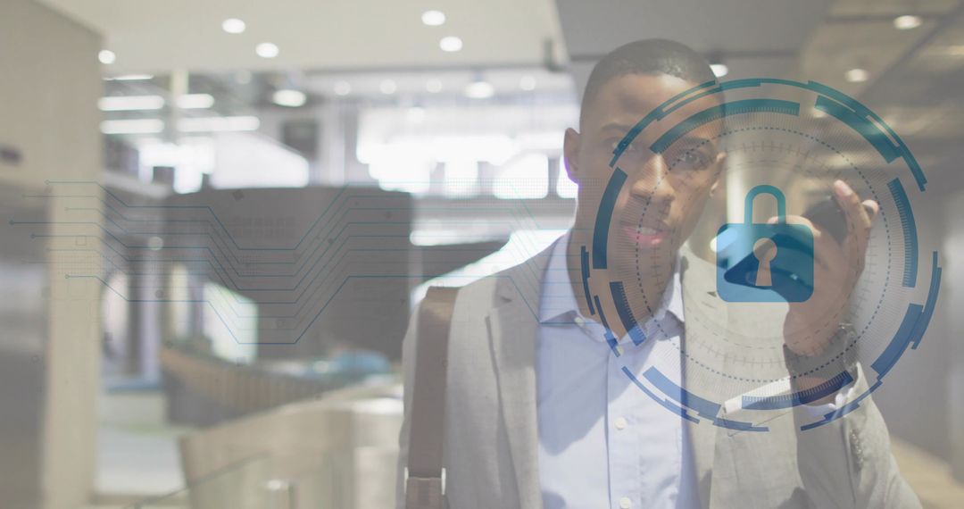 Businessman Authenticating Mobile Device in High-Tech Airport Terminal