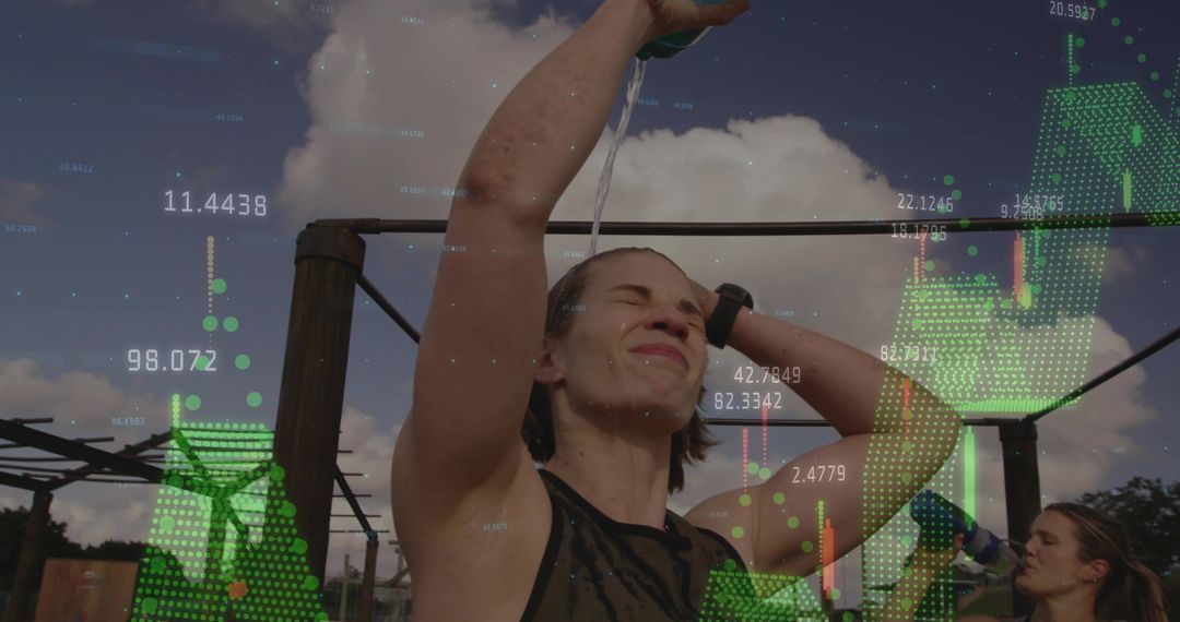 Pouring water during outdoor workout with augmented reality fitness data and smartwatch