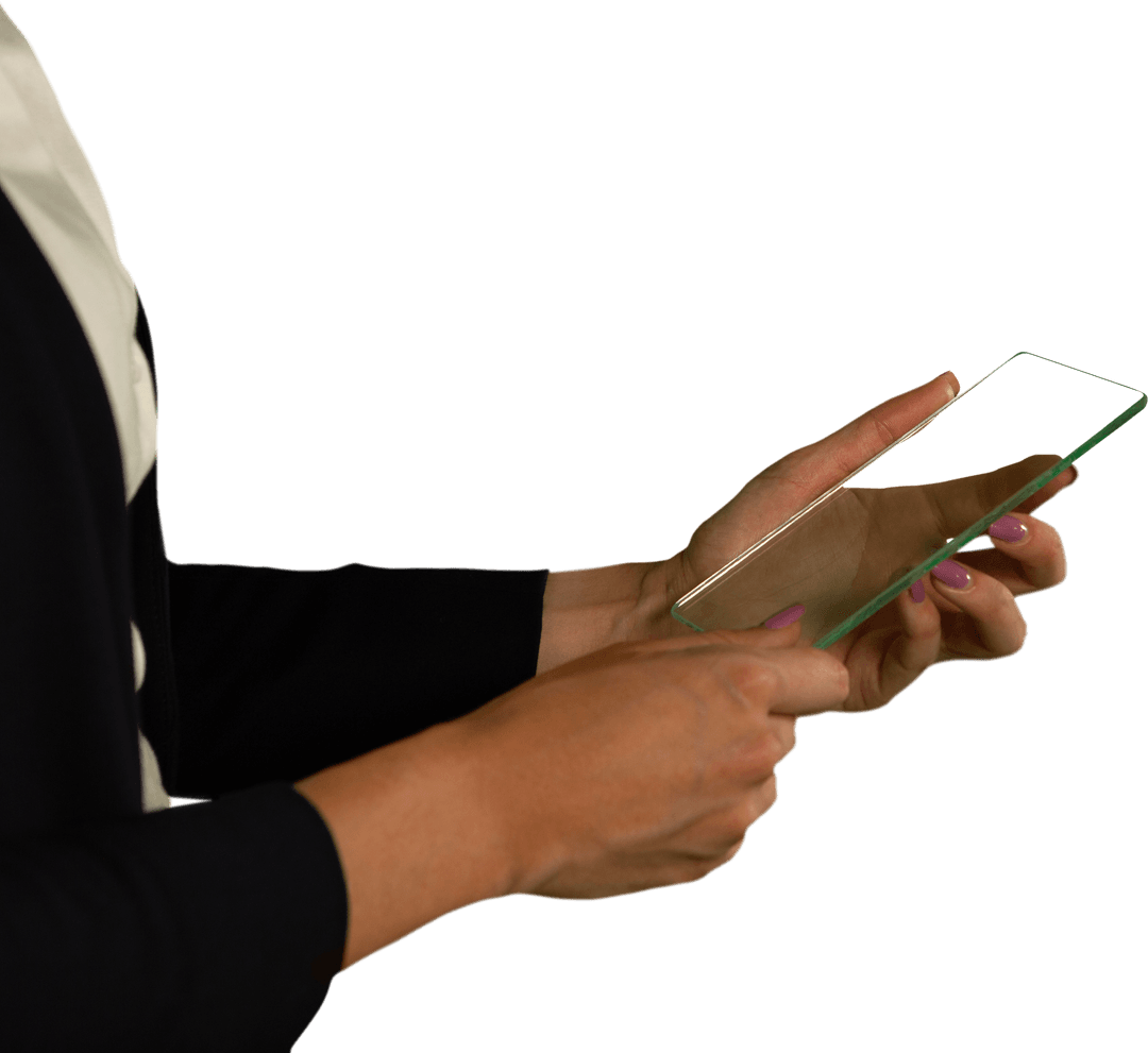 Transparent Glass Interface Held by Woman Innovating Futuristic Concepts