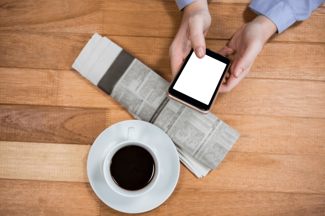 Transparent Focus on Businesswoman Using Technology for Coffee Break