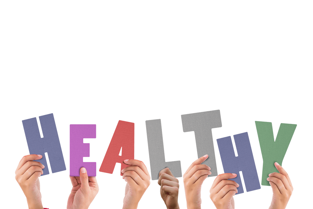 Hands Holding Healthy Letters on Transparent Background Concept