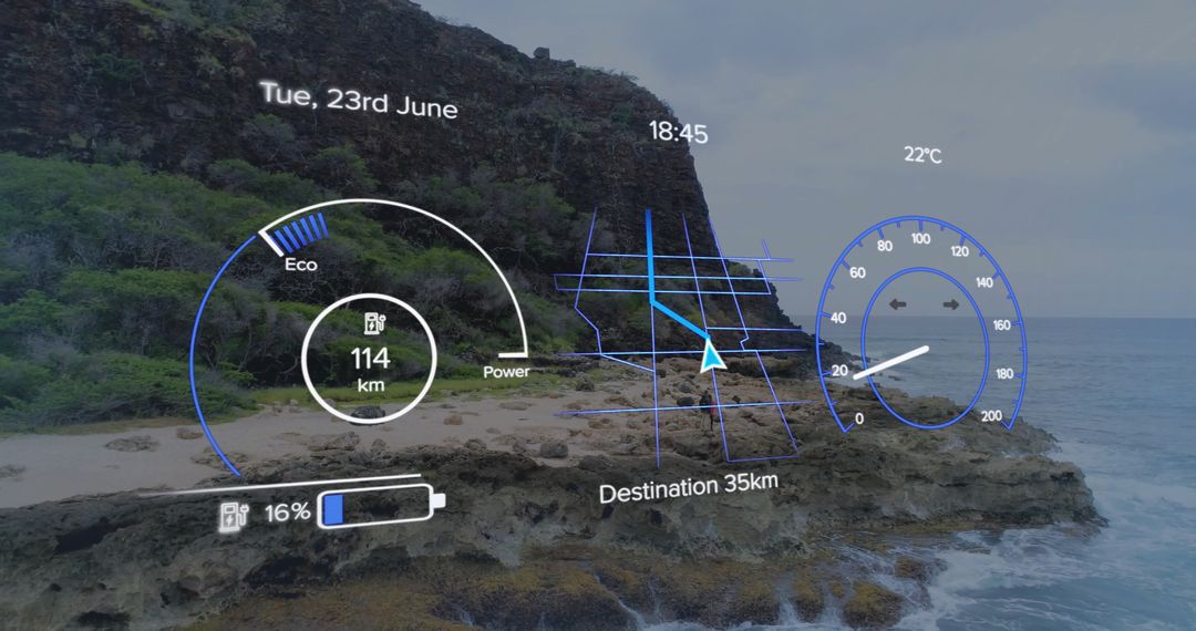 Futuristic HUD Displaying Navigational Data on Coastal Shore