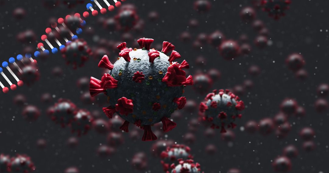 DNA Strand and COVID-19 Cells Floating on Dark Background